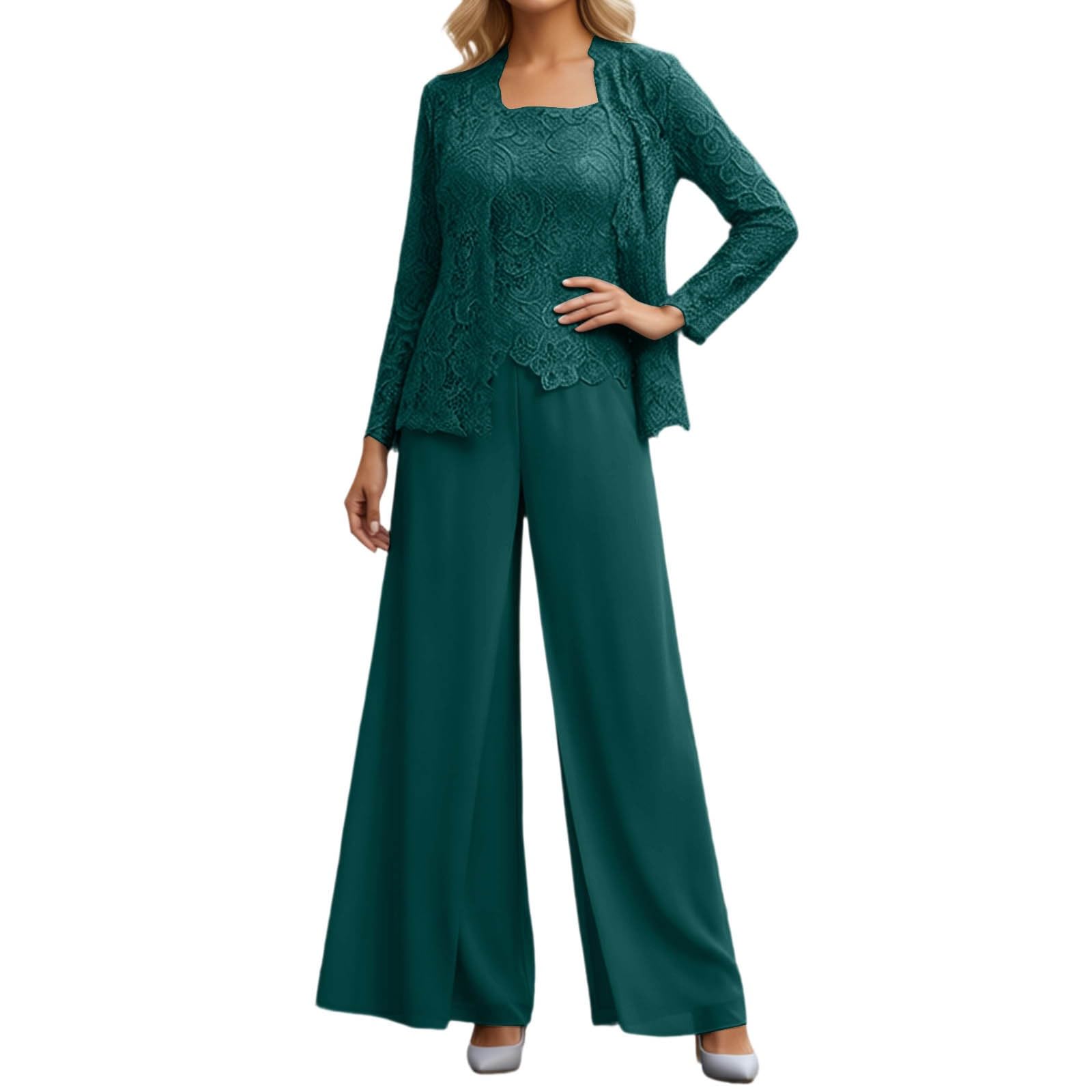 Generisch Tuta da donna, 3 pezzi, in chiffon, per la mamma della sposa, elegante, in pizzo, con cardigan a maniche lunghe, con gamba larga, set di pantaloni alla moda, per matrimoni, feste di nozze