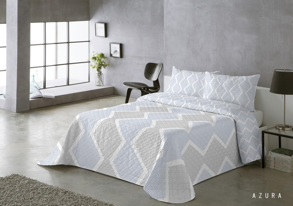 BOHEME Colcha Estampada Reversible Azura Azul. Colcha Cama 90-180x270 cm.