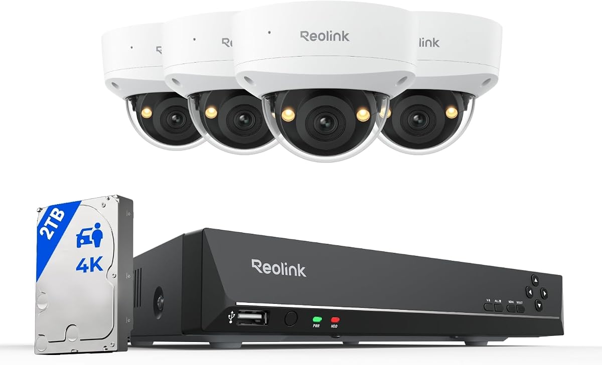 Sistema de cámaras de seguridad a prueba de vandalismo 4K de 8 canales con disco duro de 2 TB RLK8-800V4 | 4 cámaras PoE IK10 a prueba de vandalismo para exteriores, NVR de 8 canales, 4K UHD, visión nocturna en color, detección inteligente, conversación bidireccional, IP67 resistente a la intemperie