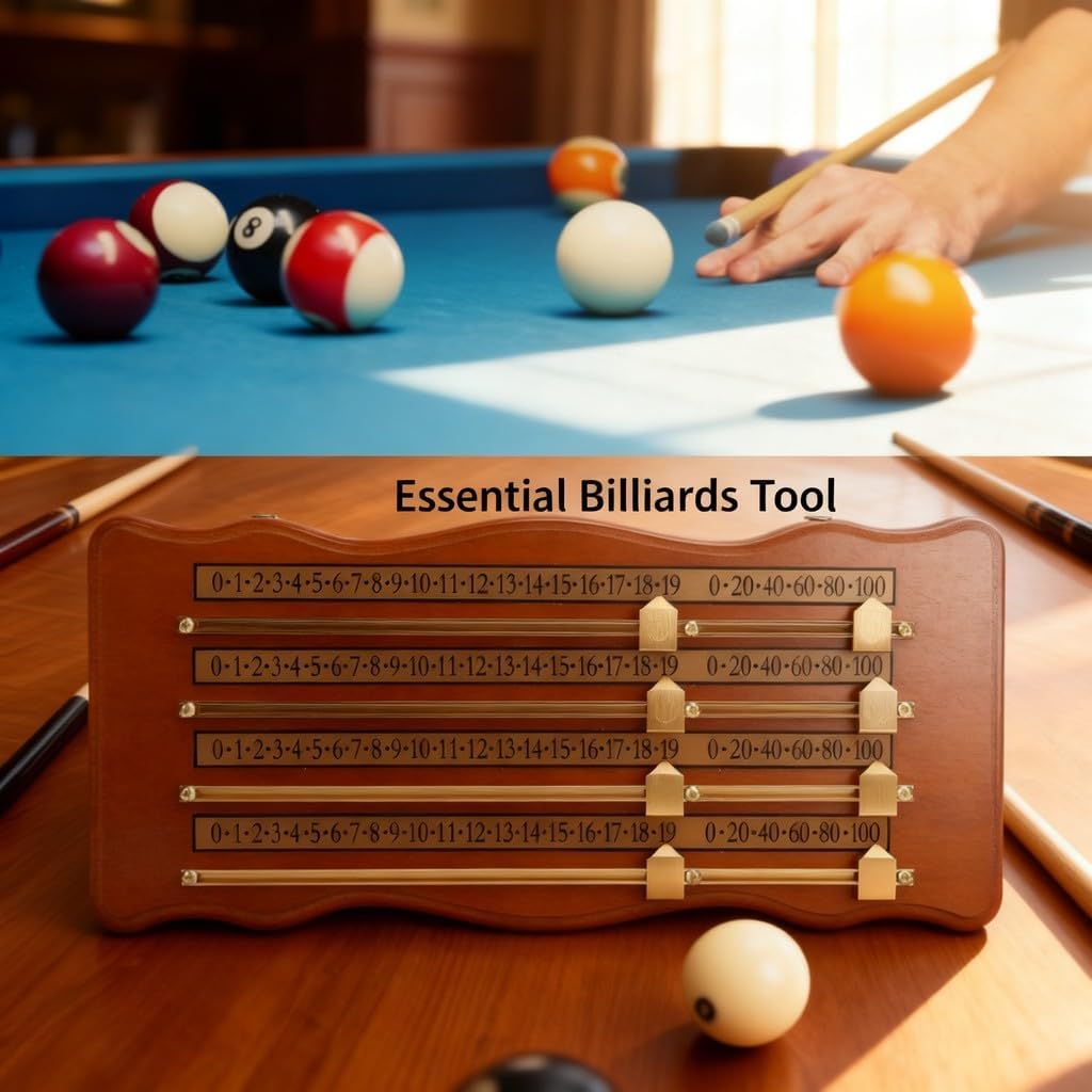 Billiards Scoreboard, 4 Track Scorekeeper, High Density Wood Brown - Durable Craftsmanship, Easy Installation, Ideal for Pool and Shuffleboard Games