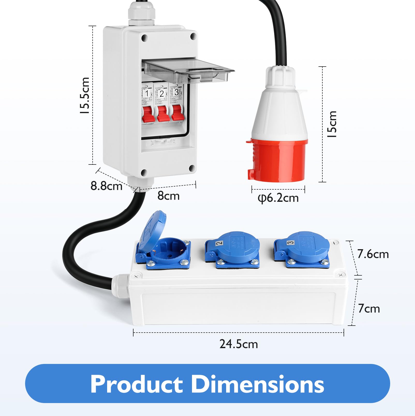 Starkstrom - Adaptador CEE de 380 V a 220 V, conector CEE de 5 polos 32 A | aja de fusibles con 3 enchufes Schuko de 16 A, caja de fusibles IP65 con 3 interruptores de circuito de 16 A