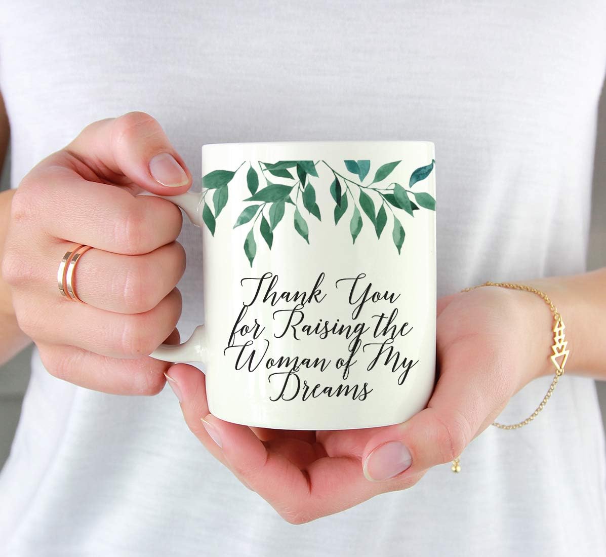Andaz Press Wedding Party 11oz. Coffee Mug Gift, Thank You for Raising The Woman of My Dreams, Natural Greenery Green Leaves 1-Pack, Mother in Law Mother's Day Birthday Present Ideas