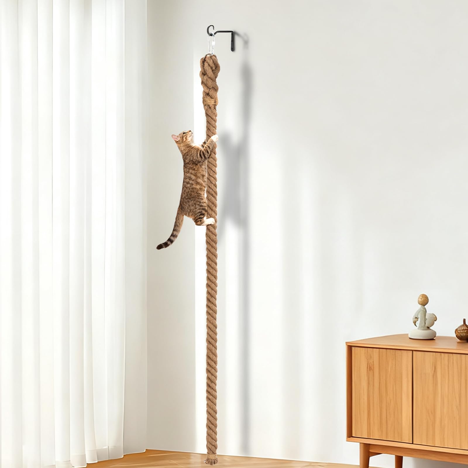 GINDOOR 2" x 4.92Ft Cat Climbing Rope with Hook, Natural Jute Ropes for Ceiling and Wall Mounted, Durable and Safe Cat Climbing Sisal Rope Toy with Cats Scratch Rope, Suitable for Indoor and Outdoor
