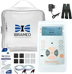 Neurodyn Portátil Ibramed – Aparelho de Eletroestimulação TENS ou TENS/FES – 2 Canais Bivolt Recarregável + Kit com Gel, Eletrodos, Faixa e Bolsa (TENS)