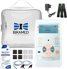 Neurodyn Portátil Ibramed – Aparelho de Eletroestimulação TENS ou TENS/FES – 2 Canais Bivolt Recarregável + Kit com Gel, Eletrodos, Faixa e Bolsa (TENS)
