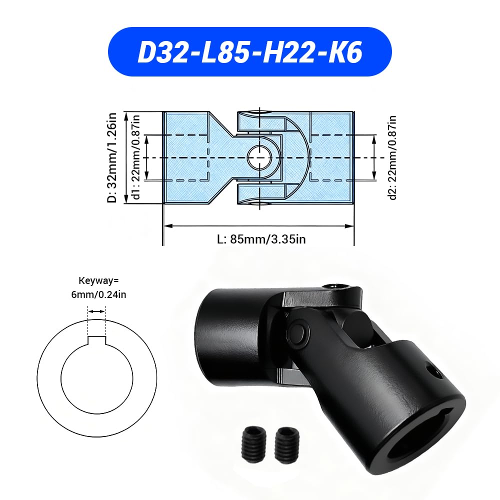 22 mm auf 22 mm Universalgelenkkupplung, D32 L85 mit Keil, drehbare Lenkwellenkupplung aus Kohlenstoffstahl, Motoranschluss für DIY Modell RC Autos und Roboter
