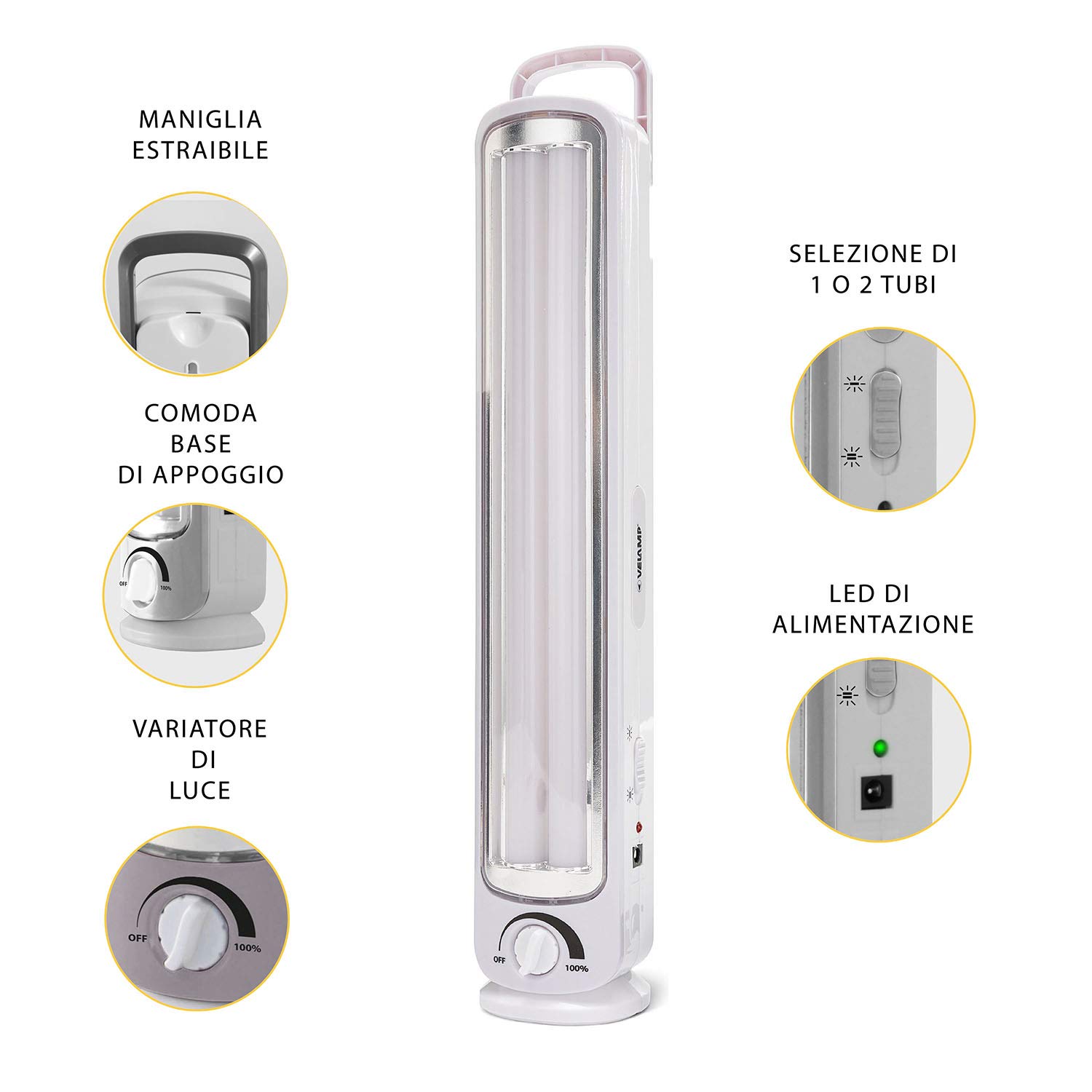 Velamp BIG TWIX - Lampada di Emergenza Portatile Ricaricabile, LED, Super Luminosa (500 lumen) - Dimmerabile - Con Caricabatteria Esterno, Sicura, Leggera e Compatta