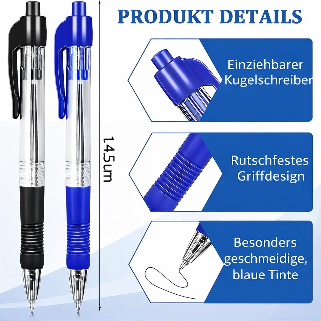Lot de 200 stylos à bille, rétractables, pointe moyenne de 1,0 mm, avec poignée souple, pour le bureau, l'école, le bureau à domicile, bleu et noir