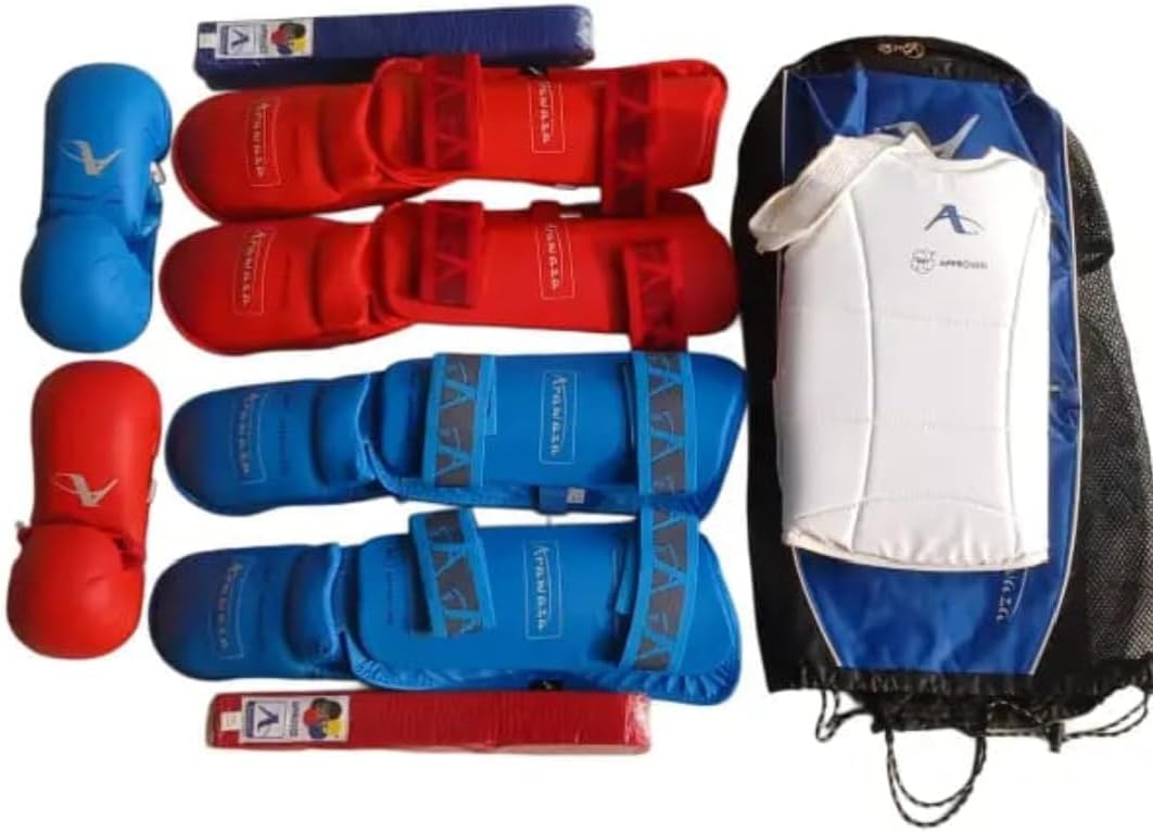 Sohan Sports - WKF Approved Martial Arts Karate Safety Kit Pack of Chest Guard, Shin Guard, Hand Gloves, Belts, (S)