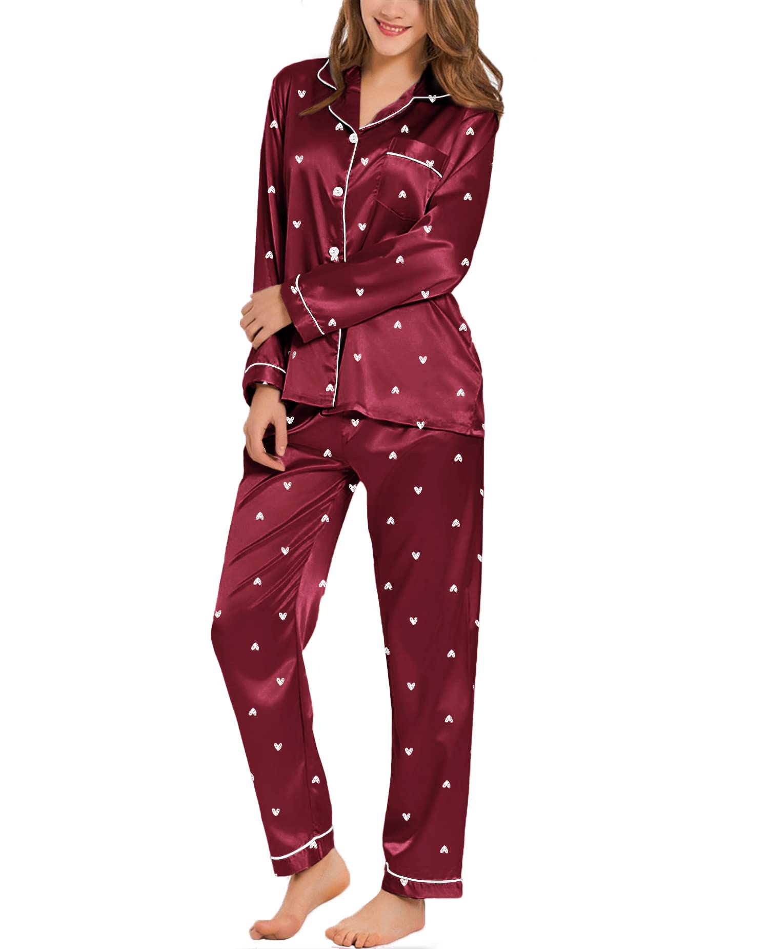 SWOMOGWomens Silk Satin Pajamas Set Long Sleeve Button Down Sleepwear 2 Piece Lounge Set Pj Set XS-3XL