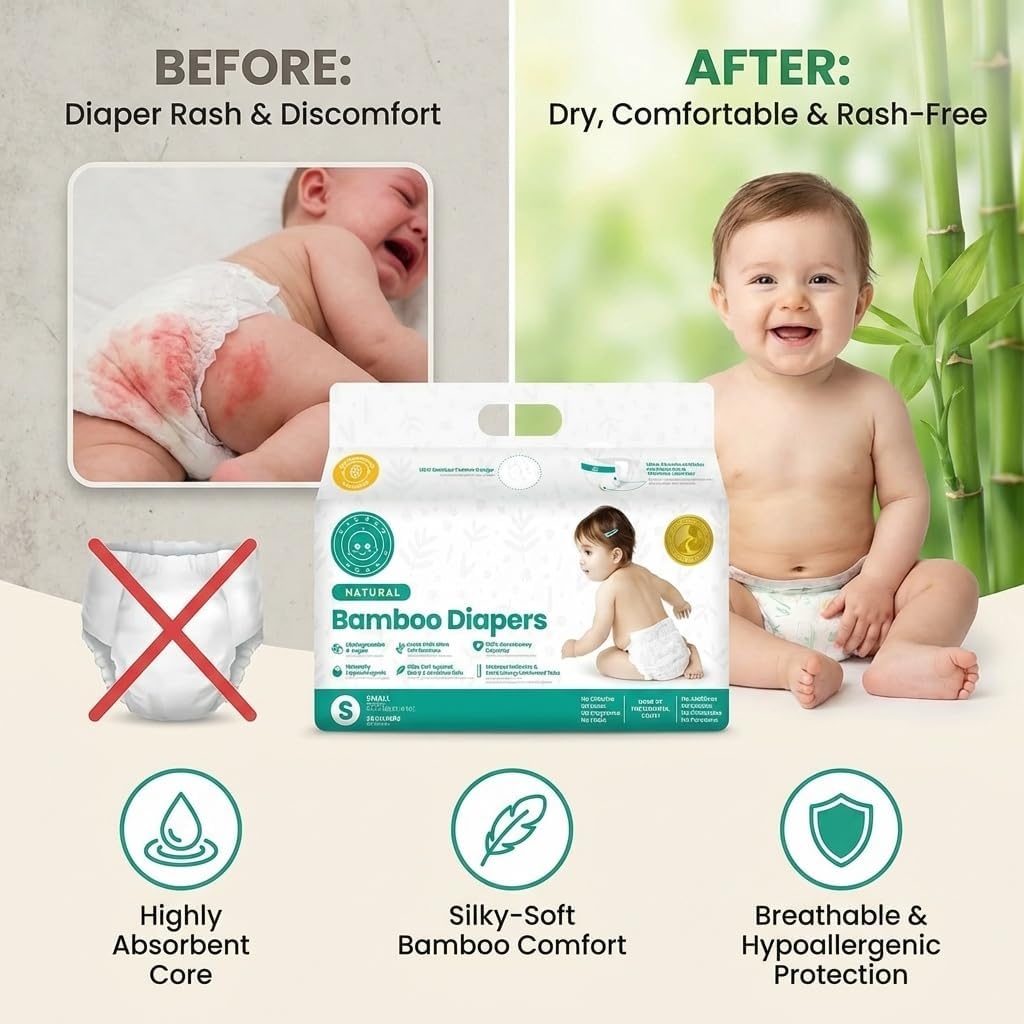 Little Toes Patented Natural Disposable Viscose Diapers ǀ Day and Overnight Diapers ǀ Sustainable | Size 1 Small | 36 Pack
