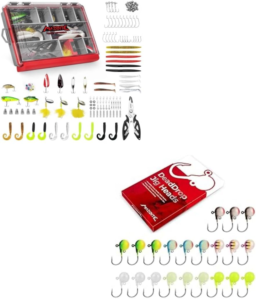 MadBite Dead Drop Jig Heads for Fishing and MadBite 143pcs Freshwater Fishing Lure Kit
