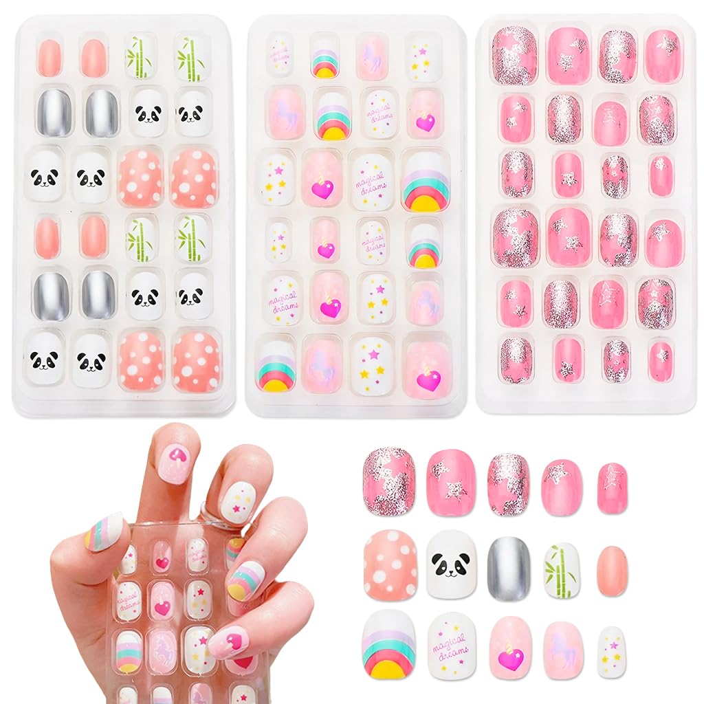 MAYCREATE® 72pcs Children Nails Press On Pre-glue Full Cover Fake Artificial False Nail Tips Colored Heart Doughnut Cloud Unicorn Short False Nail Kits Gifts for Kids Teenager Girls-image-44