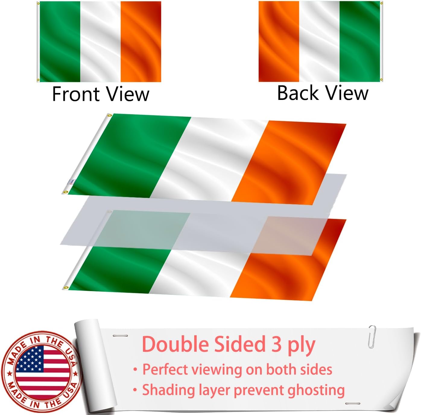 Irish Flag 3x5 Outdoor Made in USA - Double Sided Heavy Duty Vivid Color Irish National Flag Banners with 2 Brass Grommet