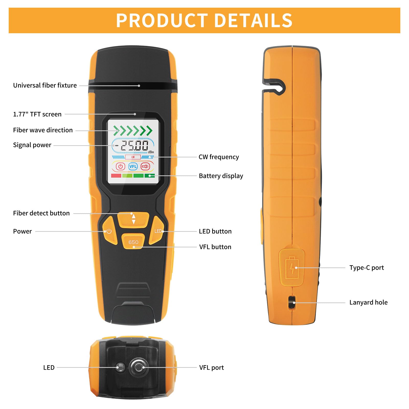 Henkion LWL Tester Handheld Glasfaser-Identifikator mit Echtzeit-Fehlerortung, 850-1700nm SM/MM Power Meter VFL Funktion LED Display, Glasfaserkabel Tester für Netzwerk & Telekommunikation