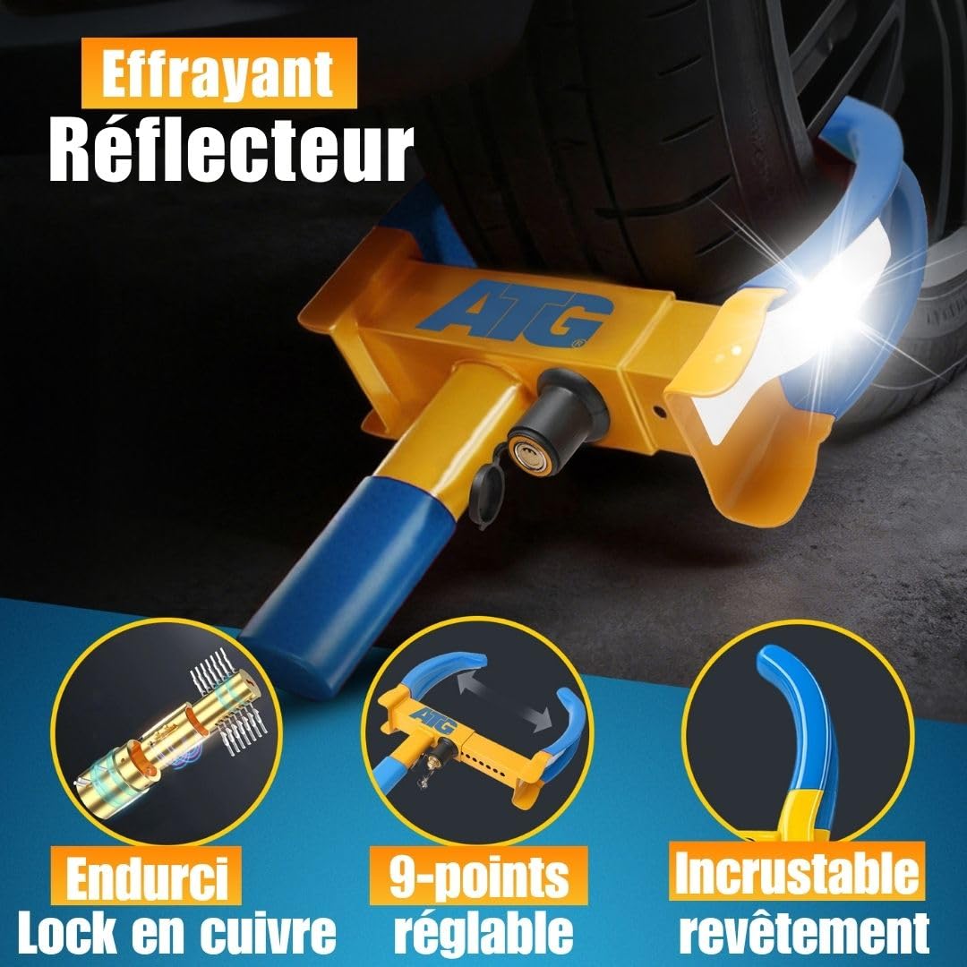 ATG Sabot de Roue Voiture & Remorque – Antivol Roue Universel pour Auto, Caravane, Camping-car, Moto – Bloque Roue Sécurité Pneus 18–28 cm