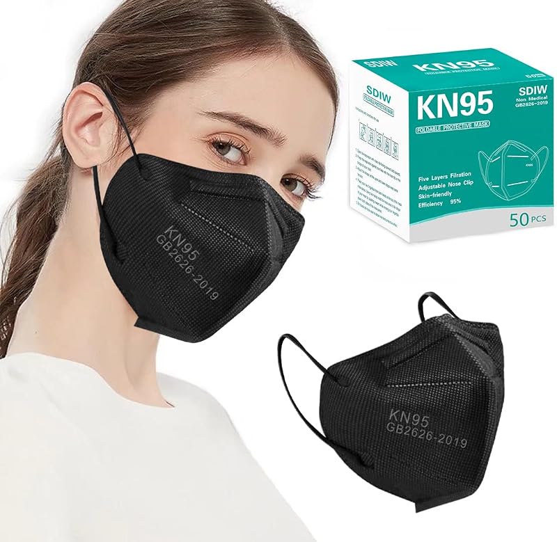 50PCS KN95 Mascarillas Mascarilla negra Mascarillas de 5 capas Eficiencia del filtro≥95% con presillas elásticas para las orejas y clip para el puente nasal Mascarilla facial transpirable