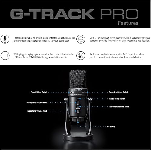 Miniatura 4 de Samson G-Track Pro - Micrófono de condensador USB de 24 bits con interfaz de audio con filtro G-Track Pro Pop y paño de limpieza, paquete de