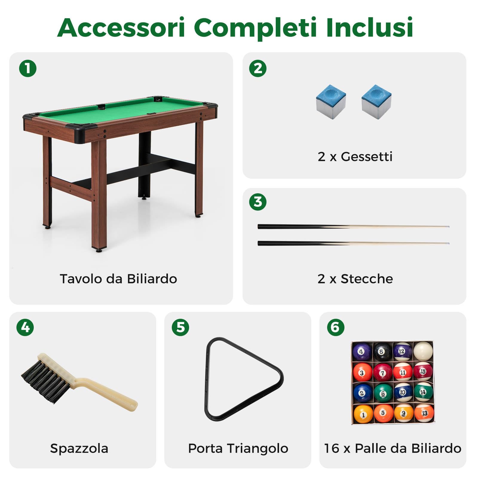 GYMAX Tavolo da Biliardo di 122cm, Tavolo da Pool in Legno con 16 Palline, 2 Stecche, 2 Gessetti, Triangolo, Spazzola, Piedini Regolabili, Tavolo da Gioco per Bambini e Adulti