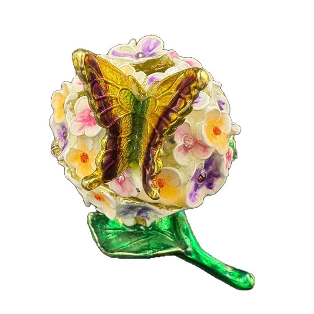 YOPI Butterfly on Hydrangea Trinket Box Floral Enamel Jewelry Box Collectible Metal Keepsake Box for Rings Earrings Necklaces