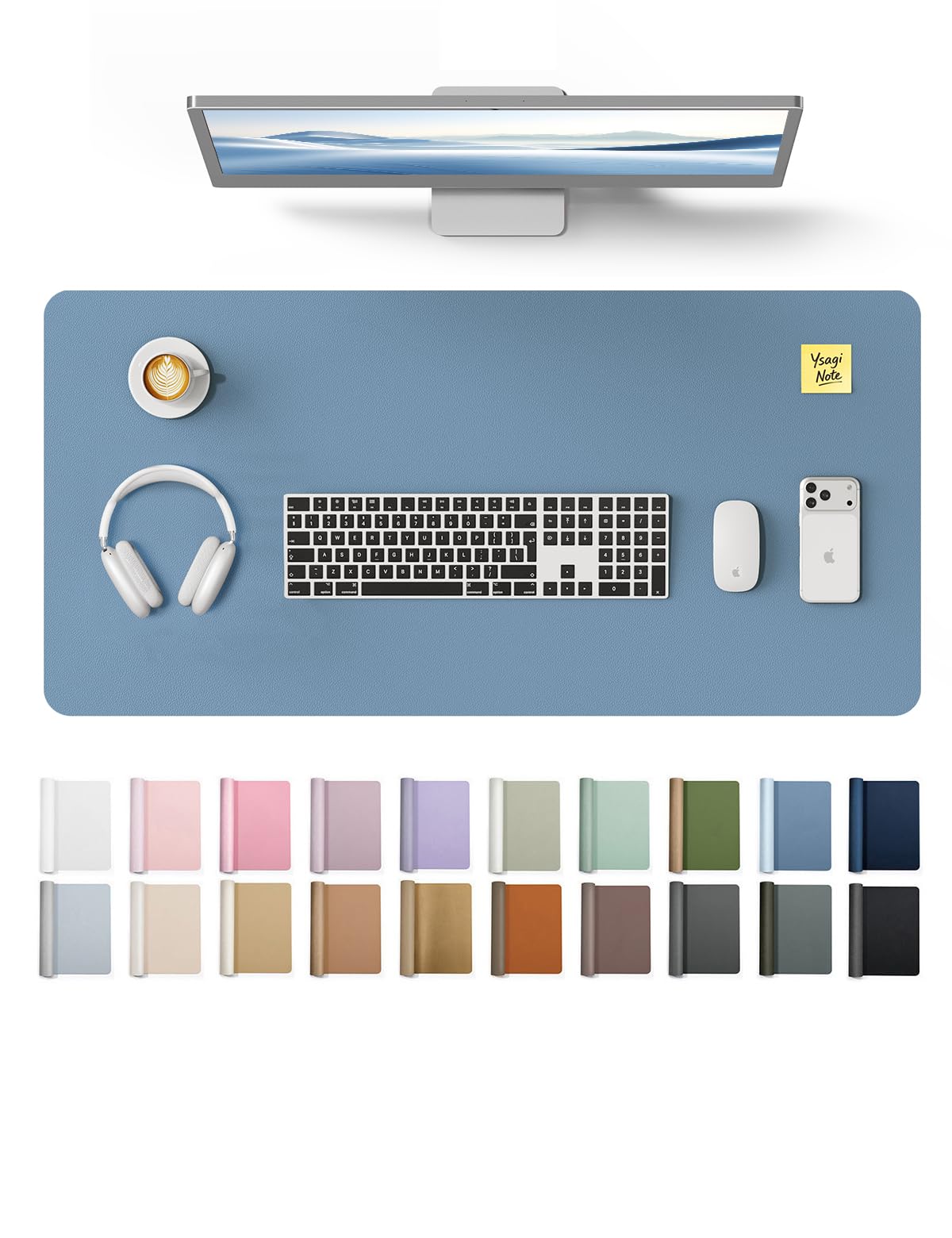 YSAGi Leather Desk Protector, Office Mat, Large Mouse Mat, Non-Slip PU Leather Blotter, Laptop Desk Pad, Waterproof Writing Pad for Office and Home (Blue, 35.4" x 17") Blue 35.4" x 17"