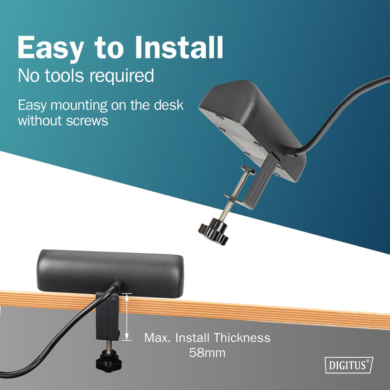 DIGITUS DA-70625 - Multiple socket outlet with USB - 2x USB-A, 1x type-C - 3x socket outlet - IP20 - short-circuit and surge protection - clamp mount for tables - black