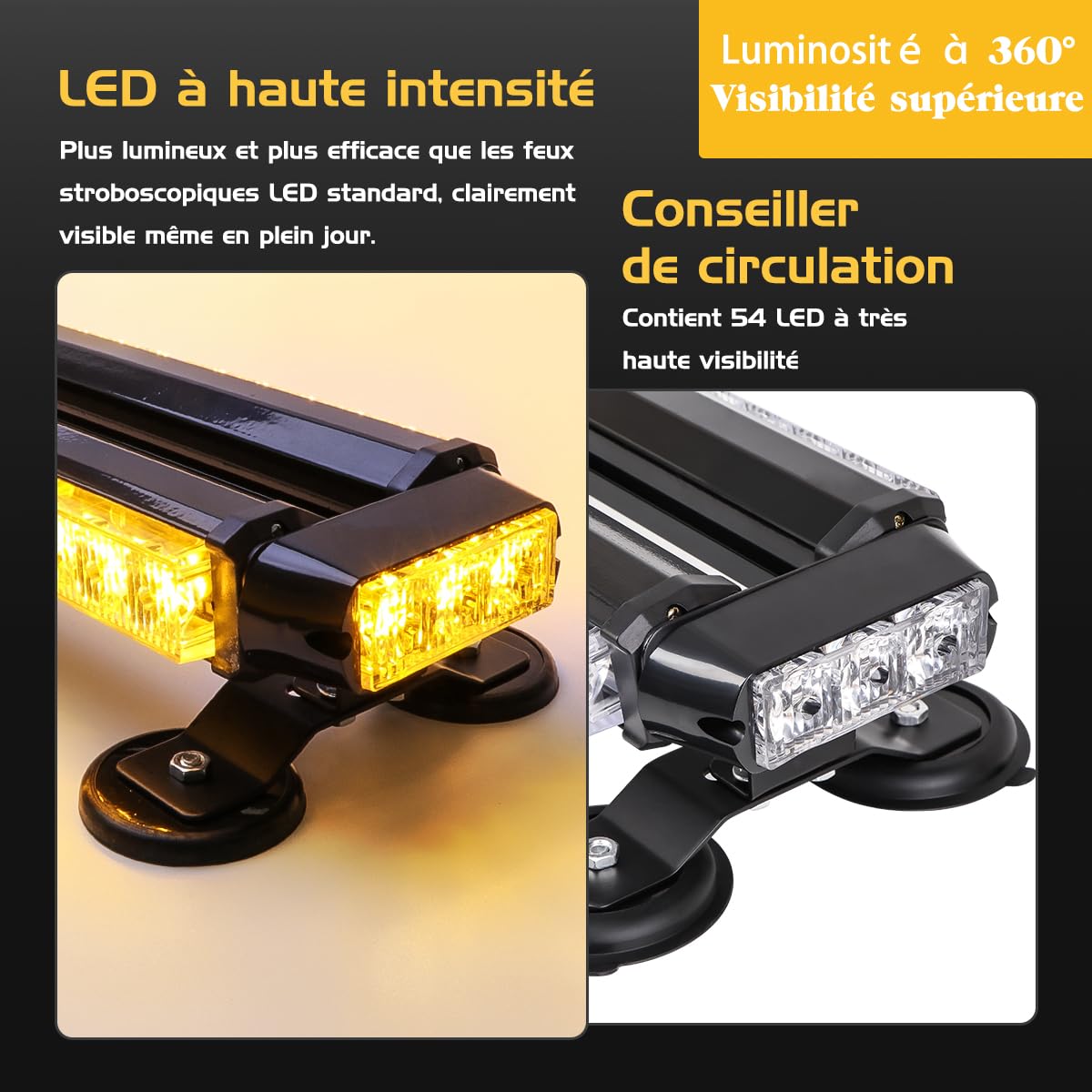 90 LED Barre Lumineuse Gyrophare Stroboscopique - Rampe LED Sécurité Avec Aimants Et Allume-Cigare
