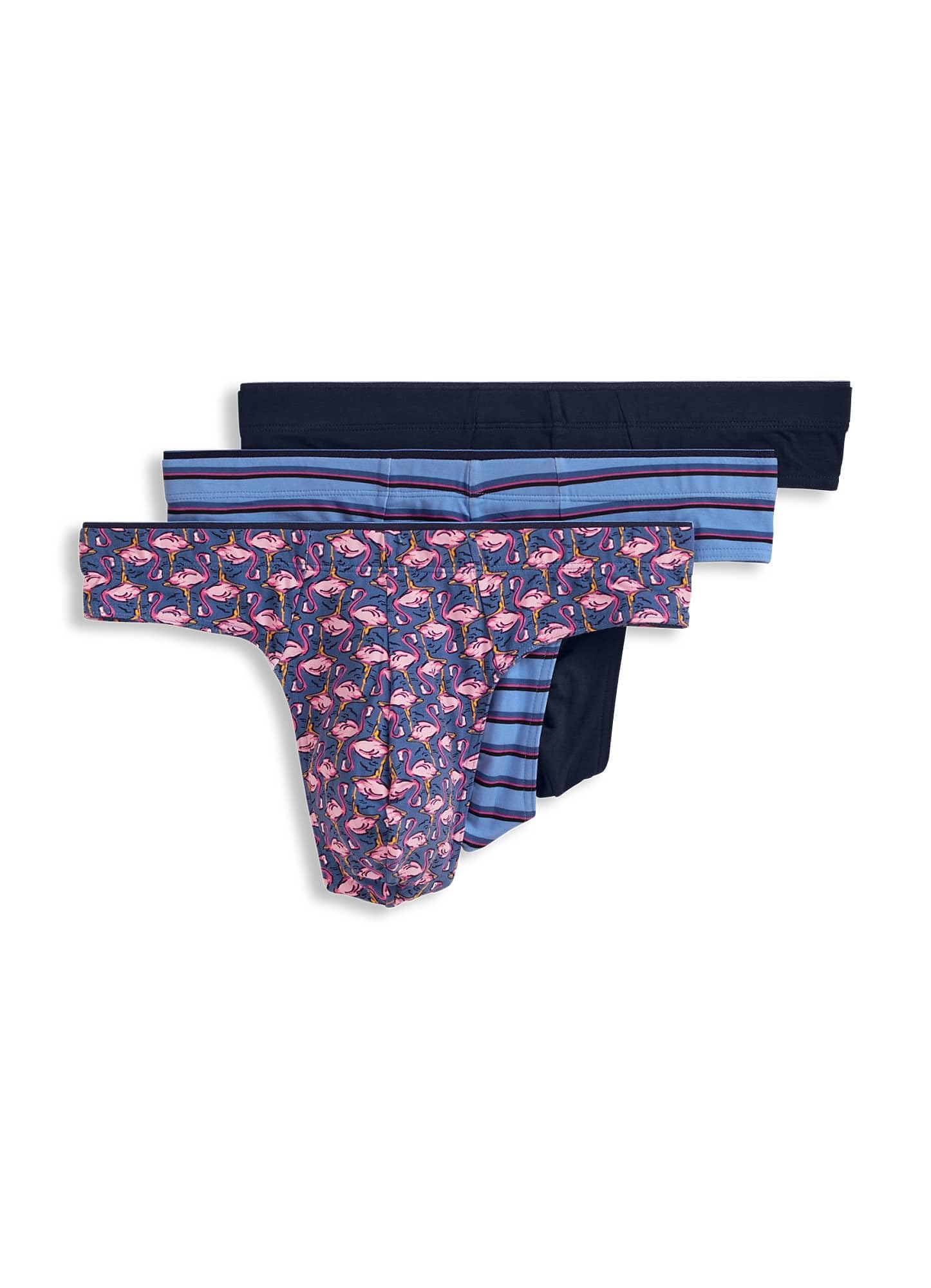 Jockey Men's Underwear True Style Thong - 3 Pack, Flamingo Geo/True Navy/Detail Stripe, S