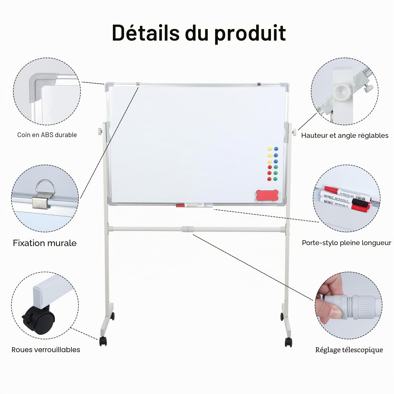 Tableau Blanc Effaçable sur Pied 126 x 90 cm, Grand Tableau Magnétique Double Face avec Marqueurs et Accessoires, Paperboard Aluminium pour Bureau, Maison ou École (60x90cm)