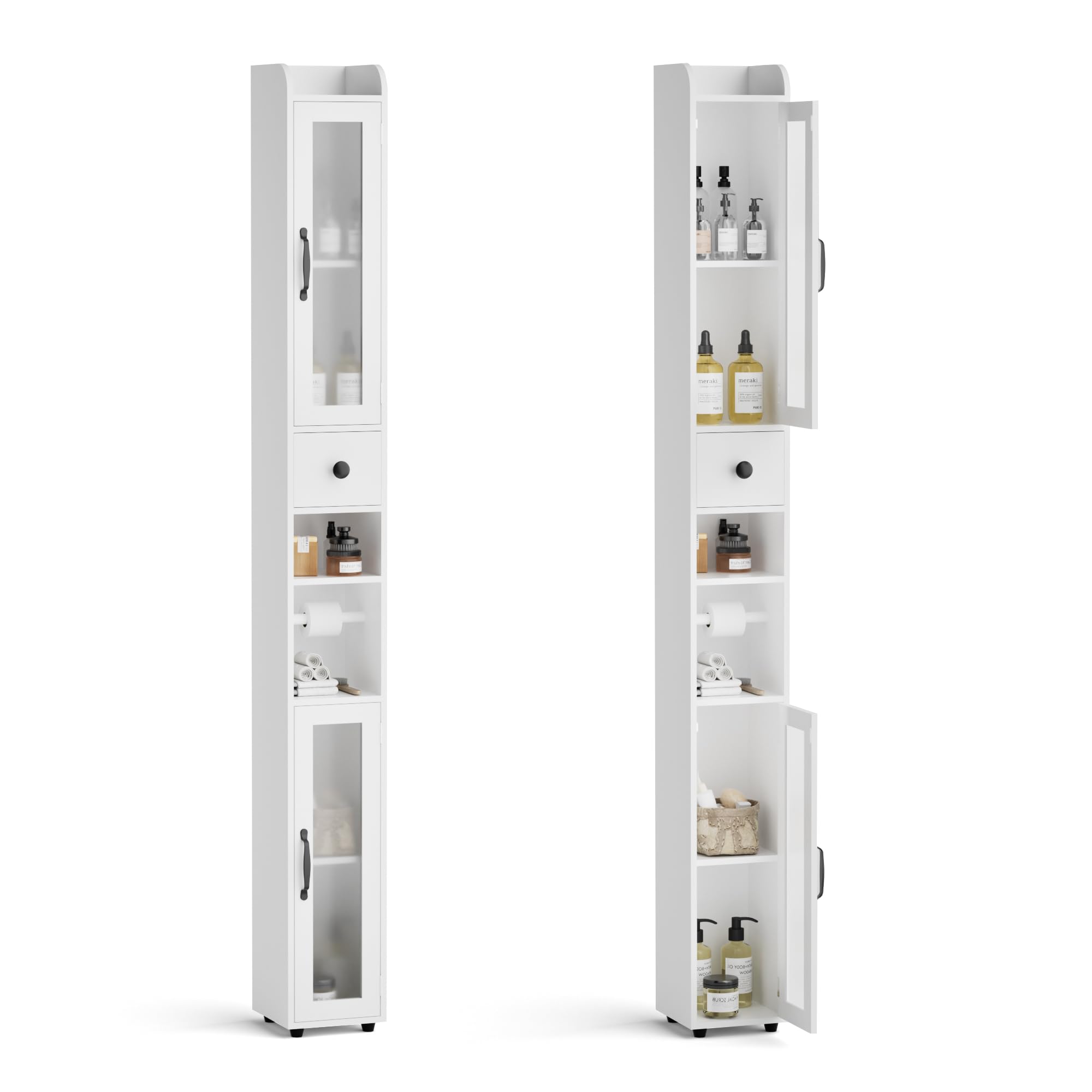 BonVache Mueble Baño Columna, Armario de baño con Estantes Ajustables, Estanterías con 2 Puertas de Vidrio y 1 cajón, Portarrollos Baño, Blanco, 20x20x180 cm