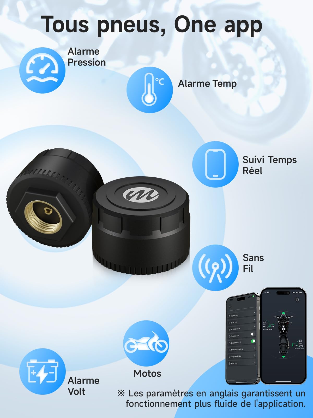TPMS Moman 4 Capteurs Pour Camping-car - Surveillance Pression Et Température Pneus Via App IOS (0-16 Bar)