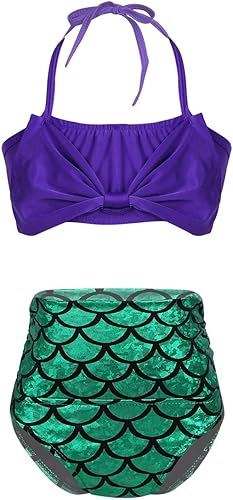 Moily Conjunto de tankini de sirena para niños y niñas, parte superior sin mangas con volantes y espalda cruzada con parte inferior, traje de baño