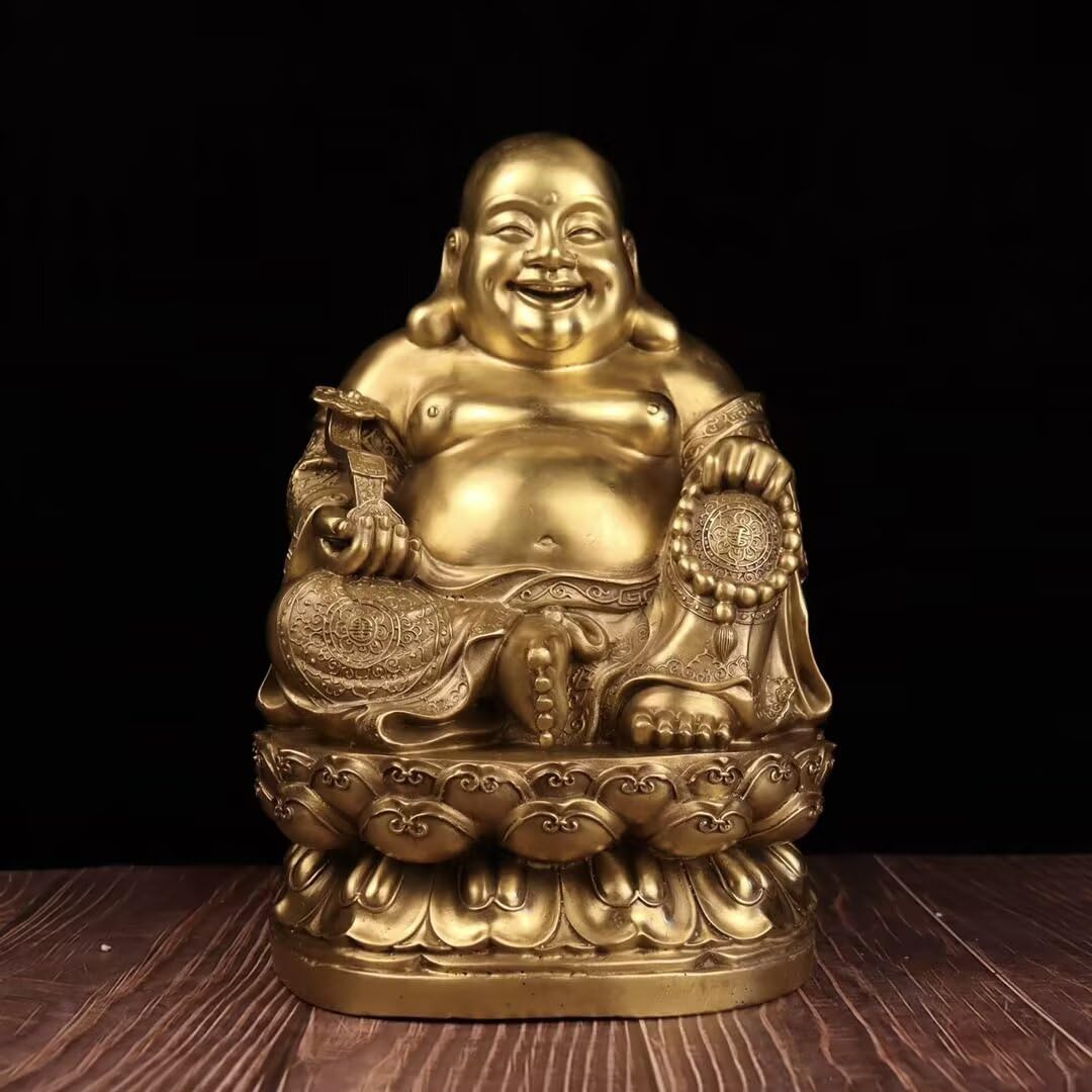 Dytartzx Pure Copper Laughing Maitreya Buddha Statue, Handcrafted Feng Shui Buddha Figurine for Home Office Meditation Decor,