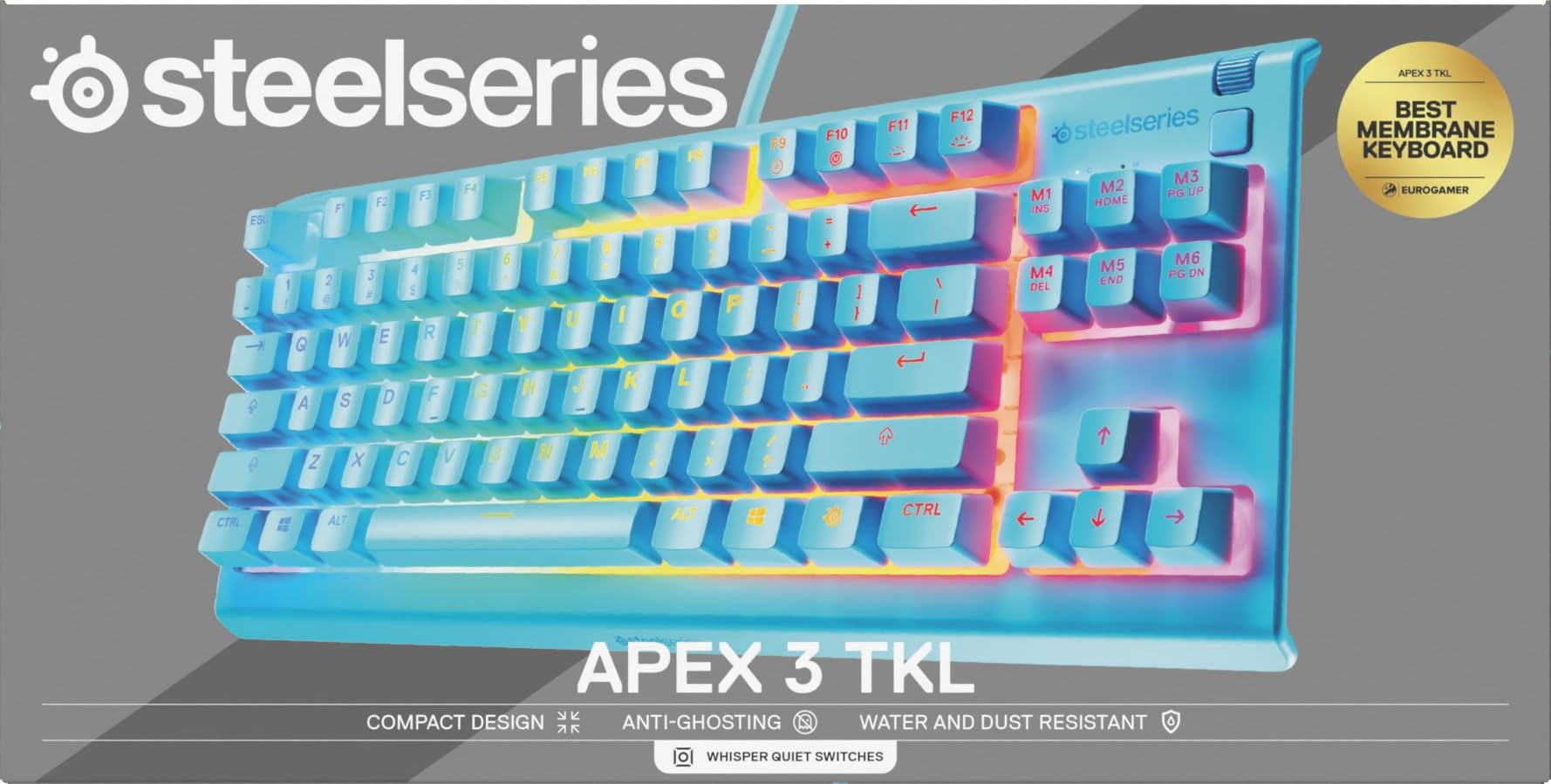 SteelSeries Apex 3 TKL Aqua RGB - klawiatura dla graczy – Obudowa bez części numerycznej – 8-strefowe podświetlenie RGB – Odporna na wodę i kurz – Niezwykle cichy przełącznik mechaniczny - US QWERTY