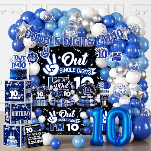 Cocomigo 10th Birthday Decorations for Boys, One-stop Double Digits Birthday Boy Set Includes 40 Thick Plates Stringed Banner and Cupcake Toppers, for Out Single Digits I'm 10 Party