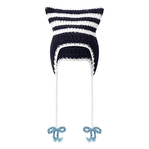 Yoawdats Crochet Knit Hats for Women Cute Cat Ear Grunge Goth Autumn Winter Soft Warm Ear Protector Y2K Drawstrings Beanies (Black White, One Size)