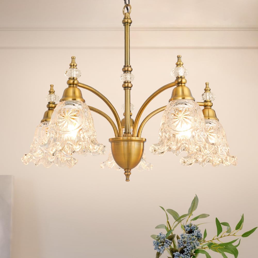 Vintage 5 Light Chandelier, Brass Dining Room Light Fixtures Over Table, Farmhouse Glass Chandelier Ceiling Light Fixture for Kitchen, Dinning, Foyer, Bathroom, Living Room 5 light-Flower Gold