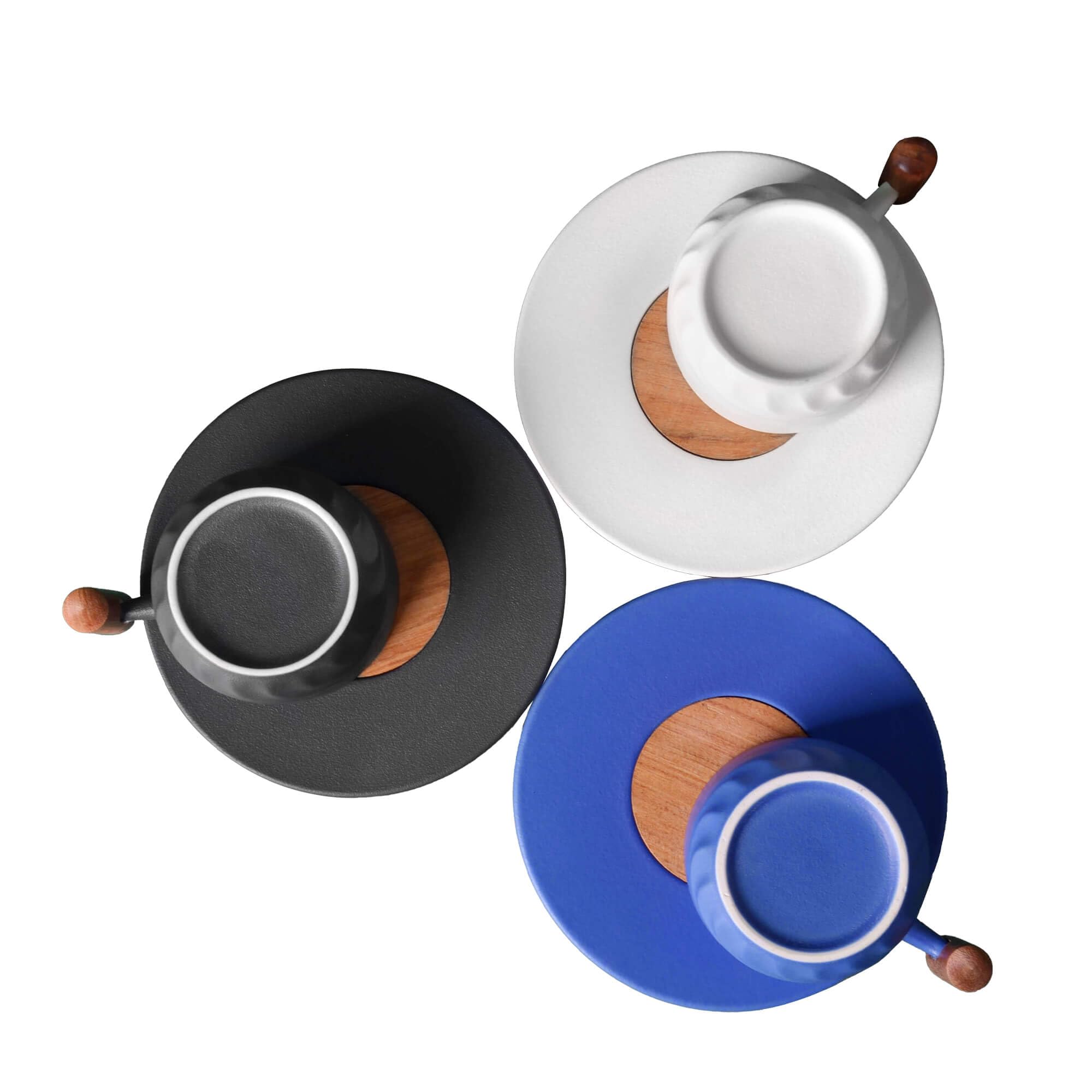 CLASGLAZ 6oz Ceramic Espresso Cup and Saucer Porcelain Latte Cup Wooden Handle Cappuccino Cup Demitasse Cup (White-2)