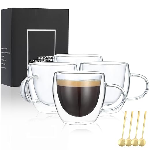 Espresso Cups Set Of 4,Double Wall 5OZ Hand Blown coffee Shots Glass,Espresso Coffee Mugs In Gift Box,Perfect For Espresso,Latte,Cappuccinos,Tea Bag,Juice