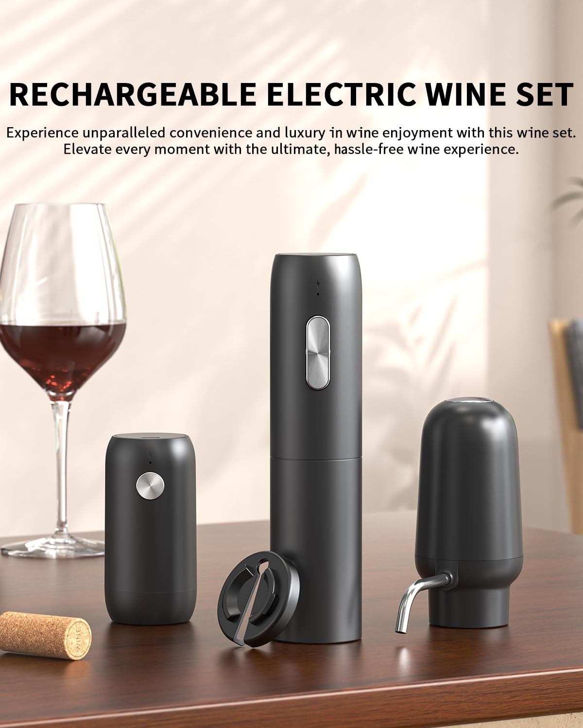 Juego de abridor eléctrico de botellas de vino recargable 5 en 1 con cortador de aluminio, abridor de vino eléctrico, aireador y vertedor de vino eléctrico 2 en 1, tapón de vino al vacío 2