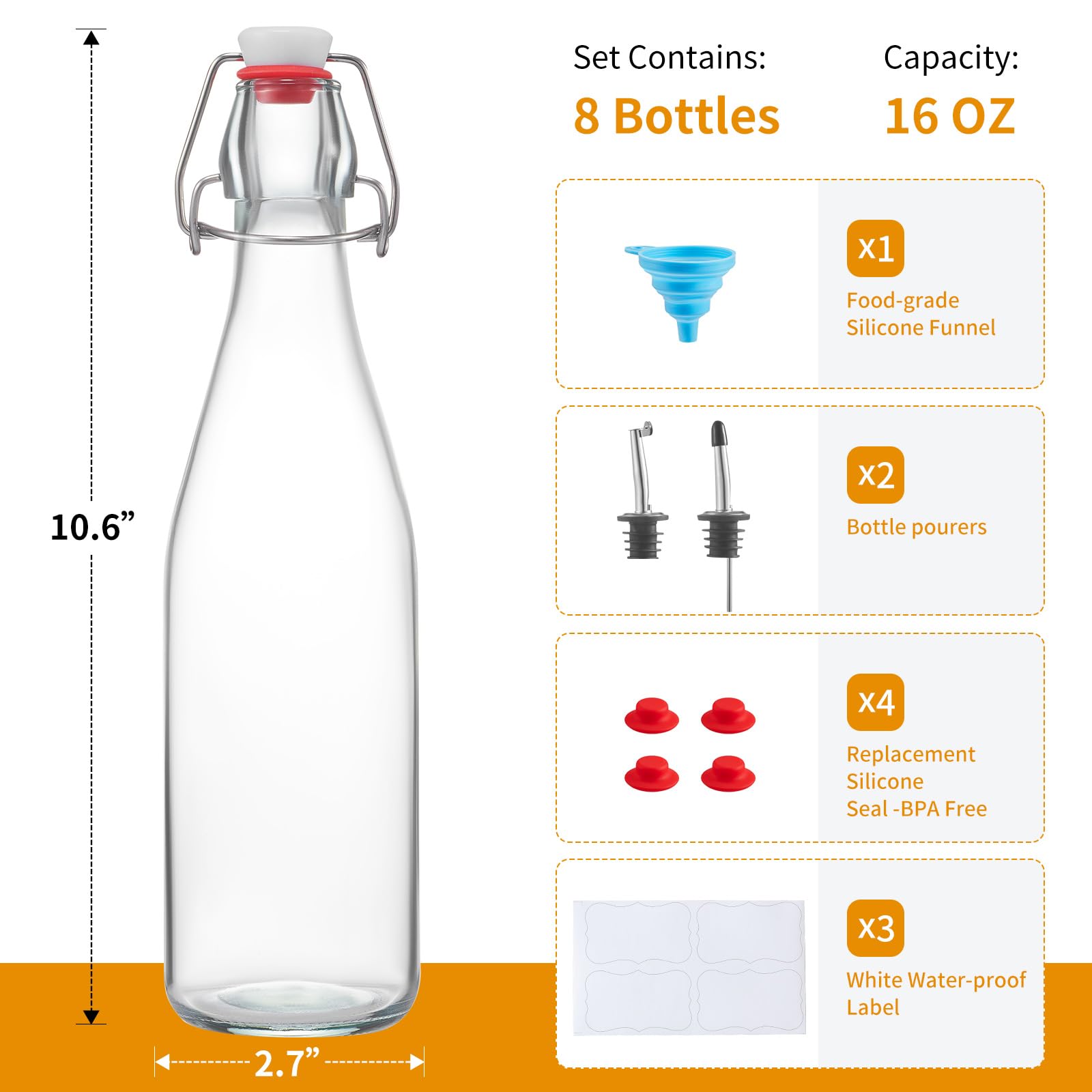 8 Set, 16 OZ Swing Top Glass Bottles - Flip Top Beer Brewing Bottles with Stopper for 2nd Fermentation, Kombucha, Mead Kefir, Vanilla Extract, Juice, Tea, Wine - Airtight Cap Lids, Bonus 2 Pourers