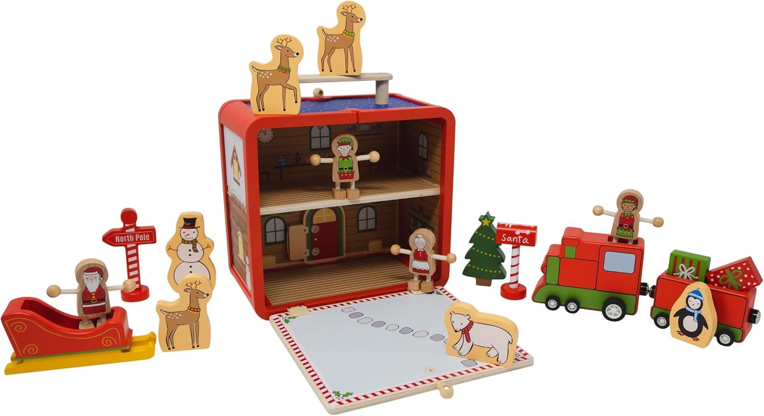 Jack Rabbit Creations Santa’s Workshop Suitcase Playset 16 Eco-Friendly Wooden Figures- Travel Toys- Includes Reindeer, Sled, Snowman, Mrs. Claus, Elves and Presents- Boys and Girls 3+