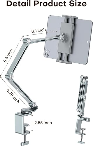 Miniatura 5 de OMOTON Soporte ajustable para tablet iPad, soporte de teléfono de escritorio para cama con 2 abrazaderas, soporte de aleación de aluminio flexible