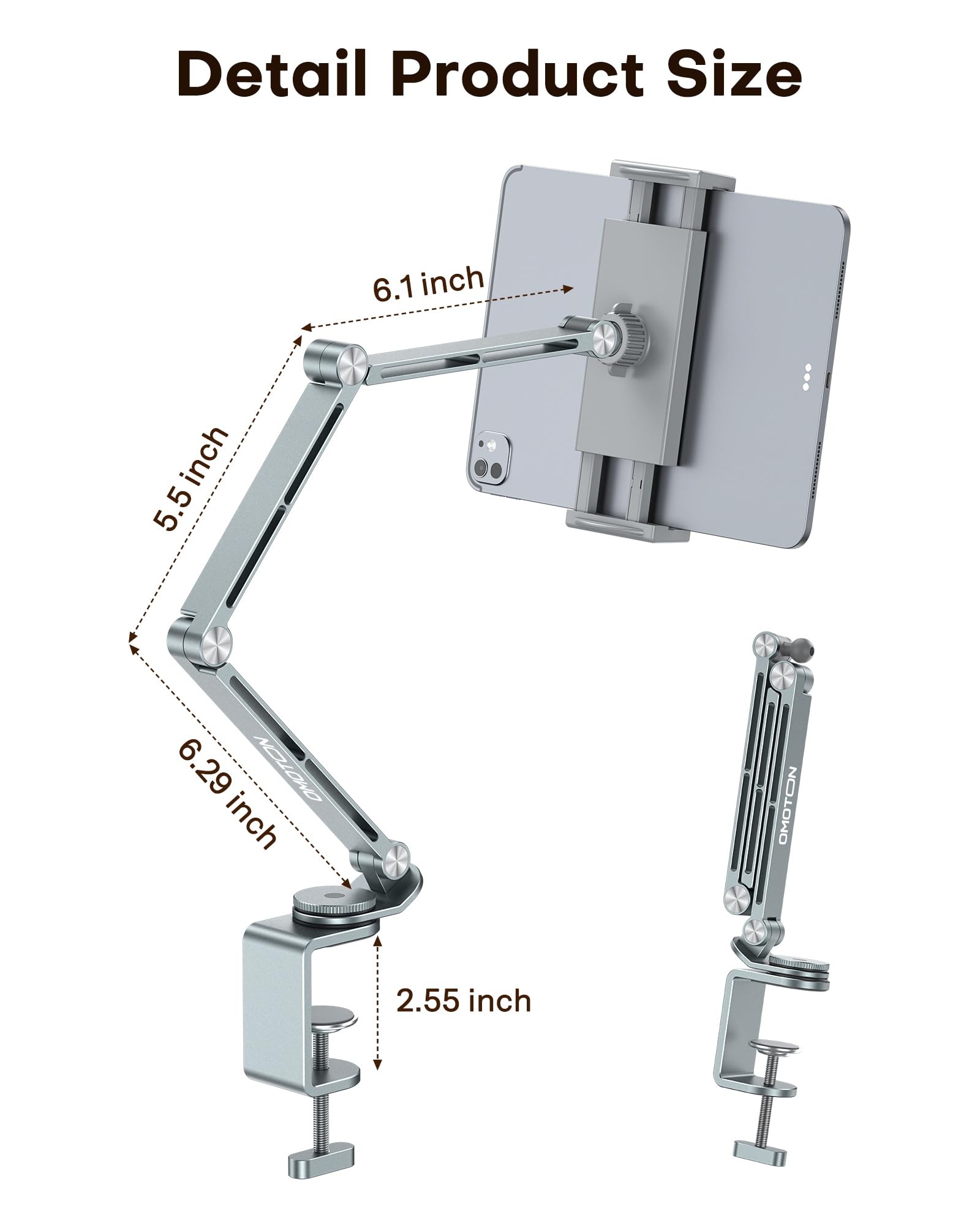 OMOTON Soporte para Tableta de Aluminio para Escritorio, Giratorio 360°, GH03 Soporte Ajustable con 2 Abrazaderas de Plástico (Teléfono y Tablet), para iPad/iPhone de 4 a 12", Gris