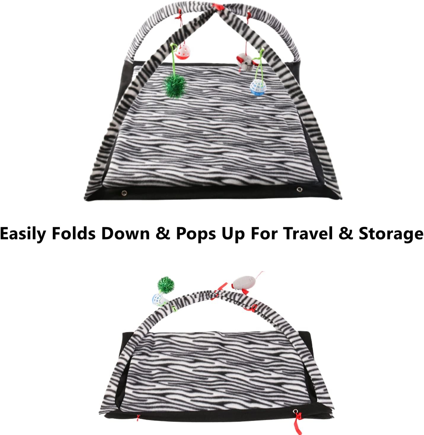 Ferret Play Mat - Foldable Fleece Activity Center with Hanging Bell Balls Mice Toys Small Animal Cat Interactive Mat Tent Toy for Exercise Napping Easy Storage (Zebra Print)