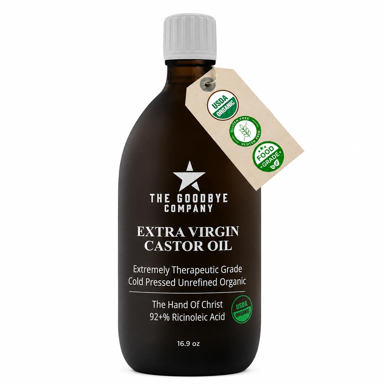 GoodBye Company USDA Organic Cold-Pressed Castor Oil, 16.9 oz Bottle | USDA Organic Cold-Pressed Castor Oil, Hexane-Free, Extra Virgin, Food Grade Pure Castor Oil for Hair, Skin, Lashes & Brows. USDA Organic