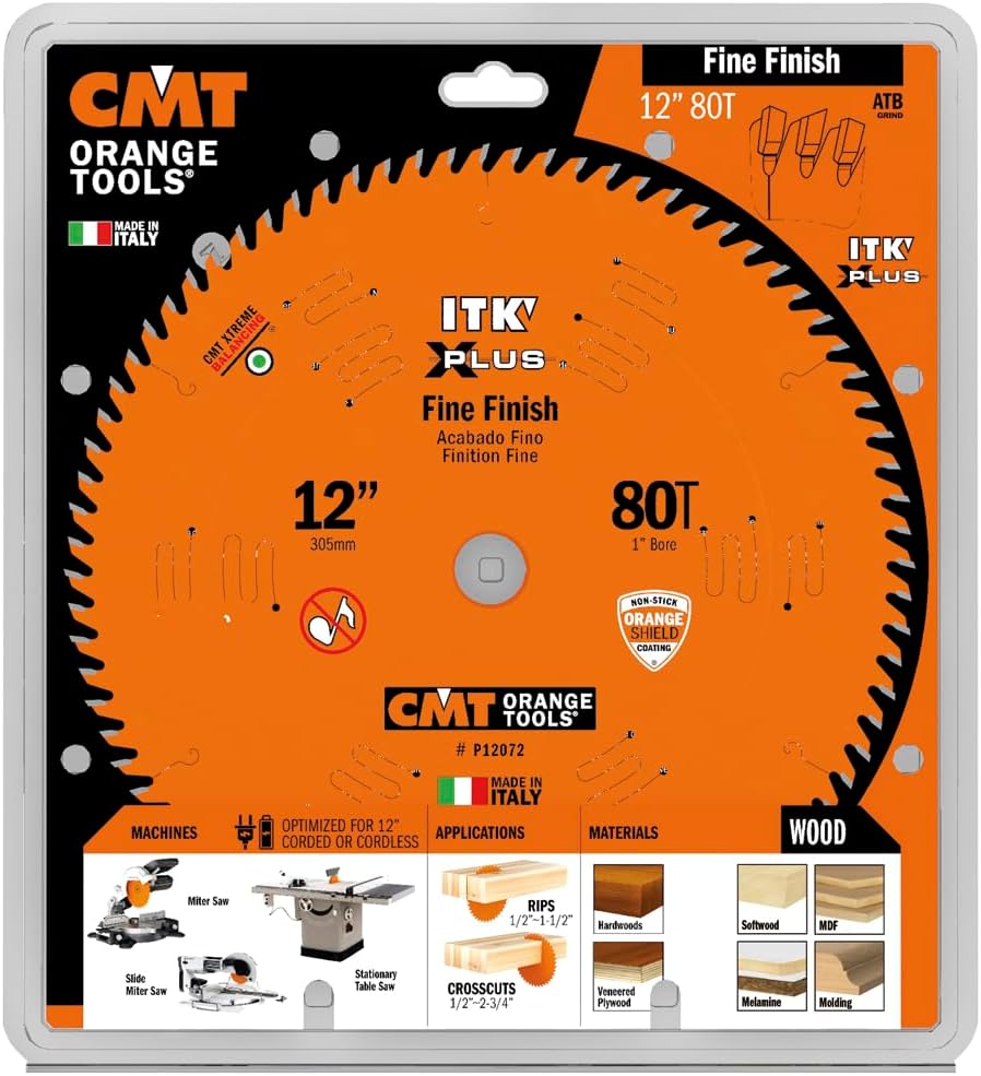 CMT P12072 ITK Plus Finish Saw Blade, 12 x 72 Teeth, 10° ATB+Shear with 1-Inch bore
