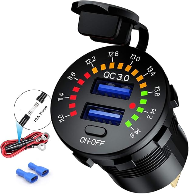 iMESTOU Quick Charge 3.0 Car Charger, Waterproof 36W Dual USB QC3.0 Fast Charging Socket Power Outlet with Voltmeter & Switch & 10A Fuse Built-in for 12V/24V Vehicles