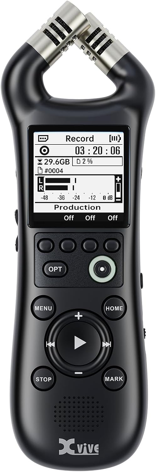 Xvive XV1-R Portable Stereo Audio Recorder with 32-Bit Float, X/Y Microphones, WAV/AAC Format, USB Microphone, Auto Record, for Musicians, Podcasters, Filmmakers
