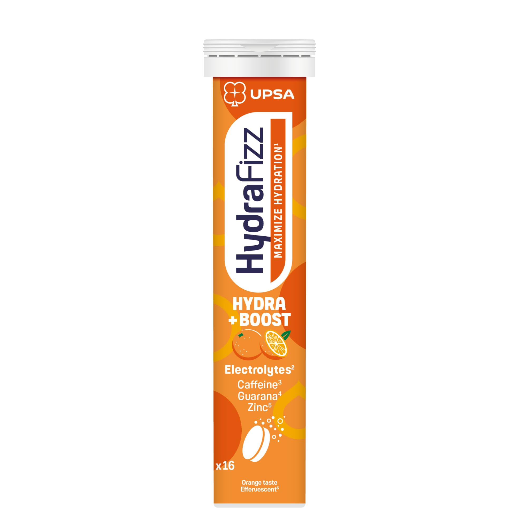 UPSA Hydrafizz Boost, 16 Compresse Effervescenti, Integratore Alimentare con Elettroliti, Caffeina e Guaranà, Gusto Arancia, Massimizza Idratazione, Riduce la stanchezza, Supporto alla Concentrazione